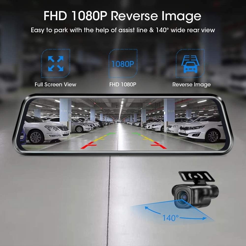 10 Mirror Dash Cam Night Vision 1080P FHD Full Touch Screen Front and Rear View Backup Camera for Cars Loop Recording Streaming Media 170°Wide Angle Parking Assistance with 10 Meters Cable