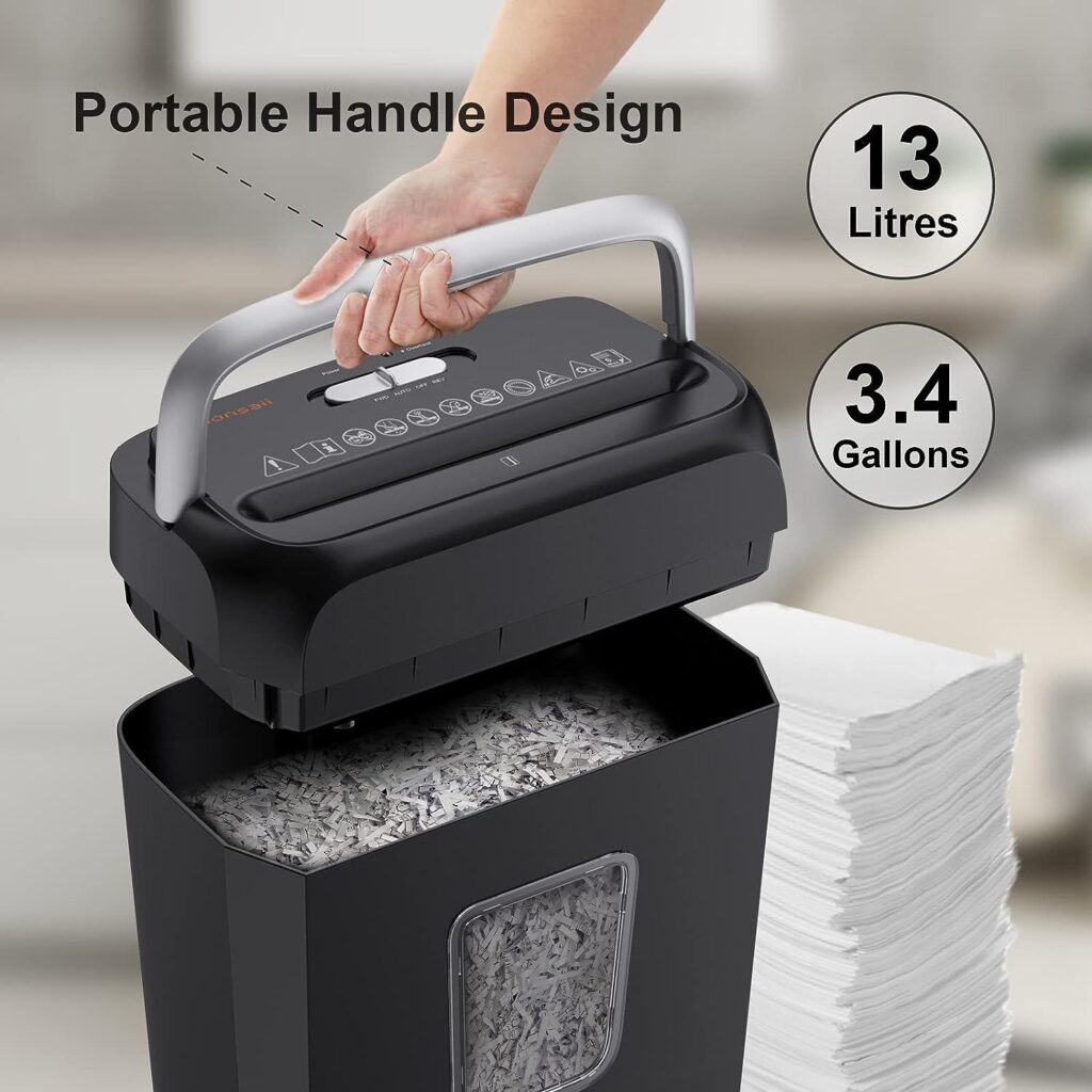 Bonsaii Paper Shredder for Home Use,6-Sheet Crosscut Paper and Credit Card Shredder for Home Office with Handle for Document,Mail,Staple,Clip-3.4 Gal Wastebasket(C237-B)