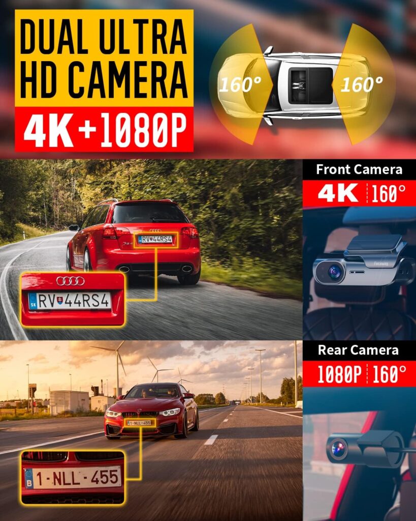 Dash Cam Front and Rear 4K Built-in 5GHz WiFi, Dual Dash Cam Front 4K Rear 1080P Hidden Dash Camera for Cars, Free 64GB SD Card, Super Night Vision, Supercapacitor, Parking Mode, G-Sensor, USB C Port