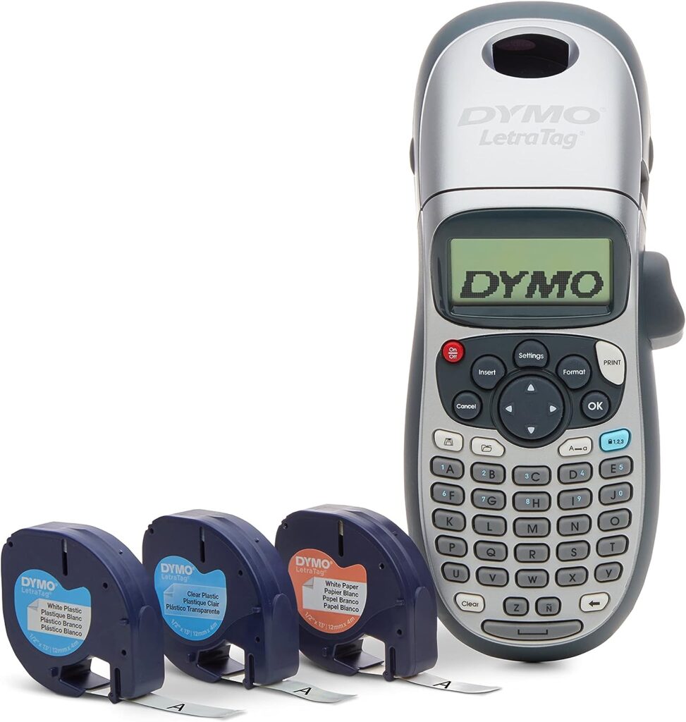 DYMO Label Maker with 3 Bonus Labeling Tapes | LetraTag 100H Handheld Label Maker  LT Label Tapes, Easy-to-Use, Great for Home  Office Organization