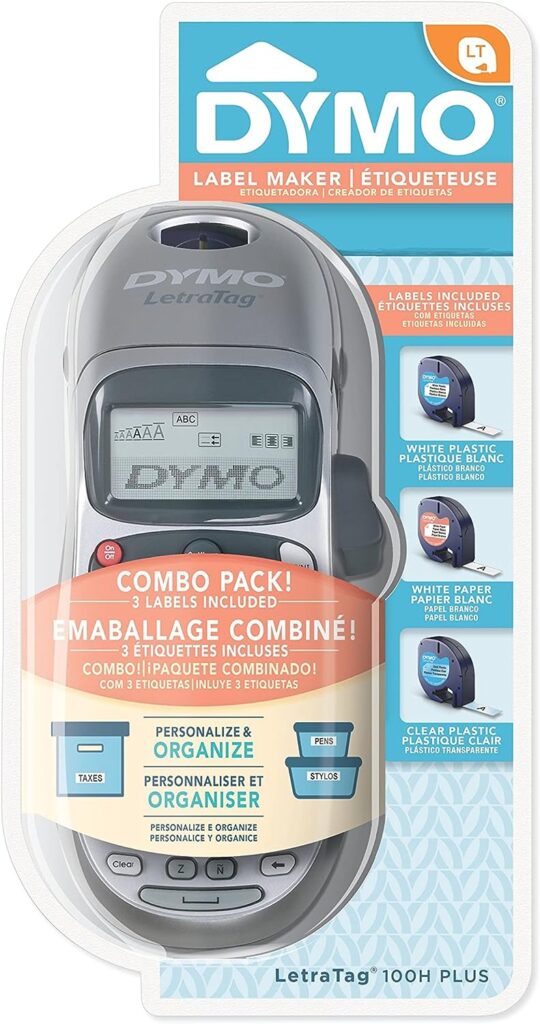 DYMO Label Maker with 3 Bonus Labeling Tapes | LetraTag 100H Handheld Label Maker  LT Label Tapes, Easy-to-Use, Great for Home  Office Organization