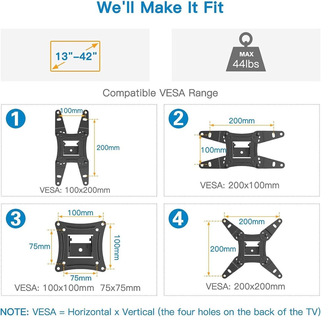 Full Motion TV Monitor Wall Mount Bracket Articulating Arms Swivels Tilts Extension Rotation for Most 13-42 Inch LED LCD Flat Curved Screen TVs  Monitors, Max VESA 200x200mm up to 44lbs by Pipishell