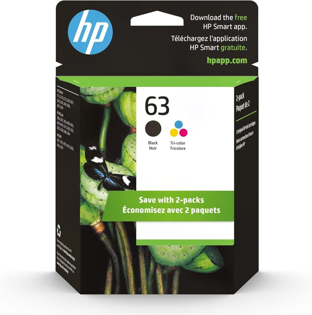 HP 63 Black/Tri-color Ink (2-pack) | Works with HP DeskJet 1112, 2130, 3630 Series; HP ENVY 4510, 4520 Series; HP OfficeJet 3830, 4650, 5200 Series | Eligible for Instant Ink | L0R46AN