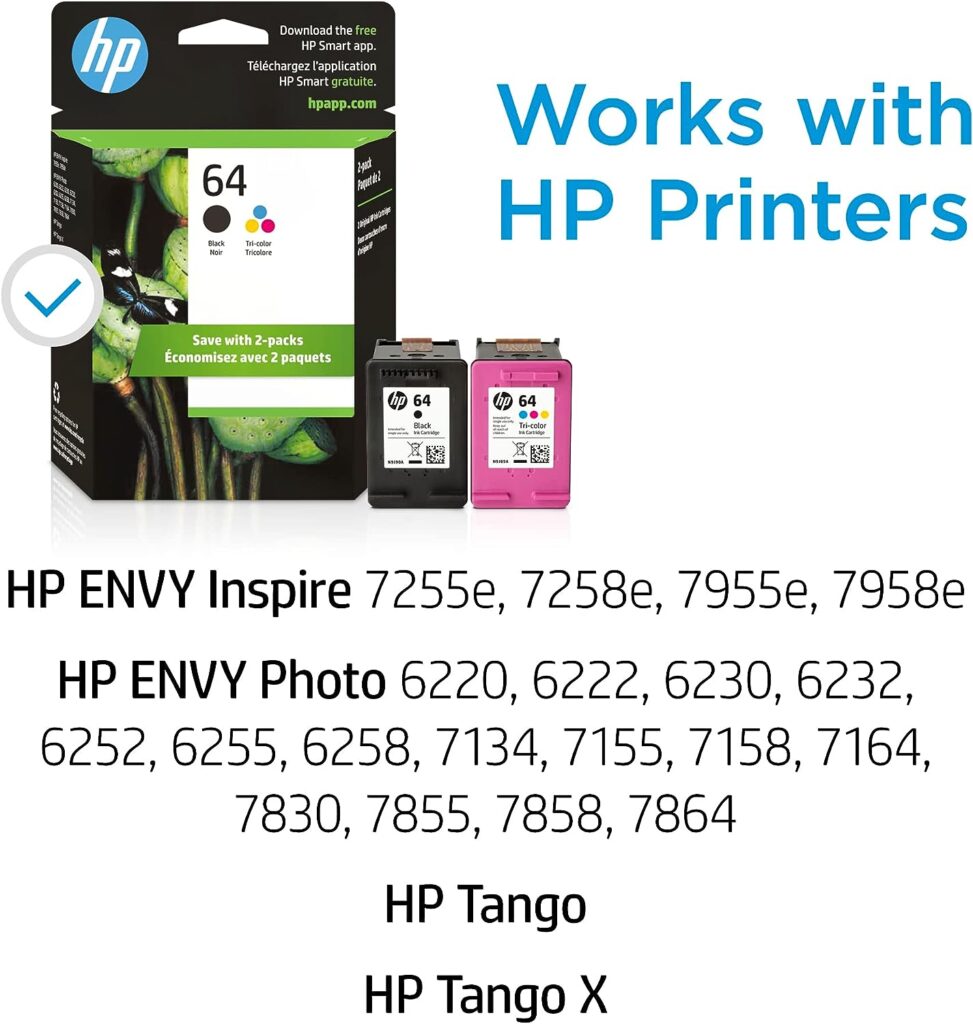 HP 64 Black/Tri-color Ink Cartridges (2-pack) | Works with HP ENVY Inspire 7950e; ENVY Photo 6200, 7100, 7800; Tango Series | Eligible for Instant Ink | X4D92AN