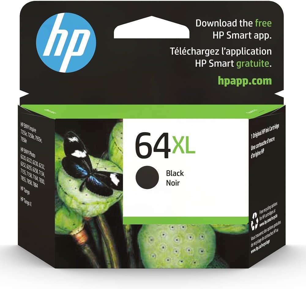 HP 64XL Black High-yield Ink Cartridge | Works with HP ENVY Inspire 7950e; ENVY Photo 6200, 7100, 7800; Tango Series | Eligible for Instant Ink | N9J92AN