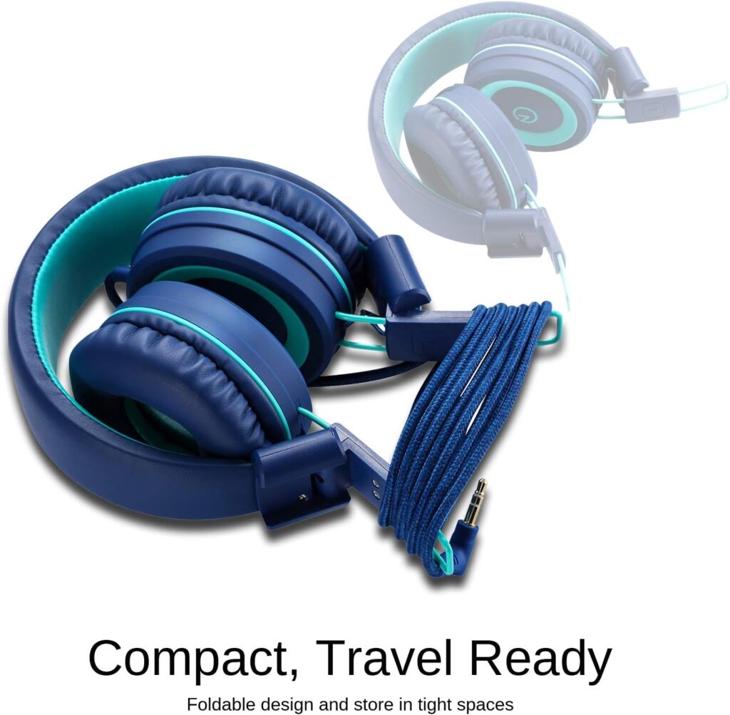 Kids Headphones - noot products K11 Foldable Stereo Tangle-Free 3.5mm Jack Wired Cord On-Ear Headset for Children/Teens/Boys/Girls/Smartphones/School/Kindle/Airplane Travel/Plane/Tablet (Navy/Teal)