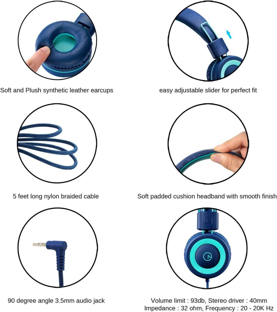 Kids Headphones - noot products K11 Foldable Stereo Tangle-Free 3.5mm Jack Wired Cord On-Ear Headset for Children/Teens/Boys/Girls/Smartphones/School/Kindle/Airplane Travel/Plane/Tablet (Navy/Teal)