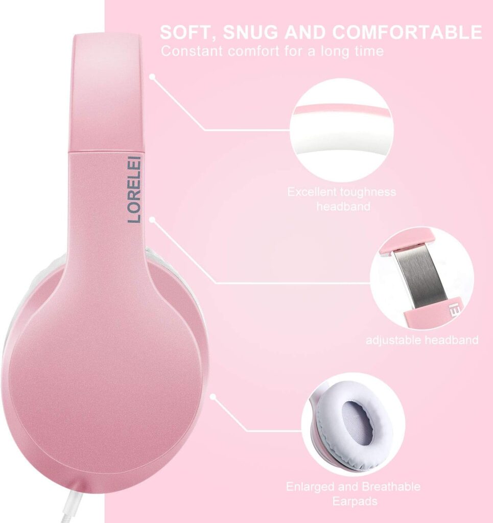 LORELEI X6 Over-Ear Headphones with Microphone, Lightweight Foldable  Portable Stereo Bass Headphones with 1.45M No-Tangle, Wired Headphones for Smartphone Tablet MP3 / 4 (Pearl Pink)