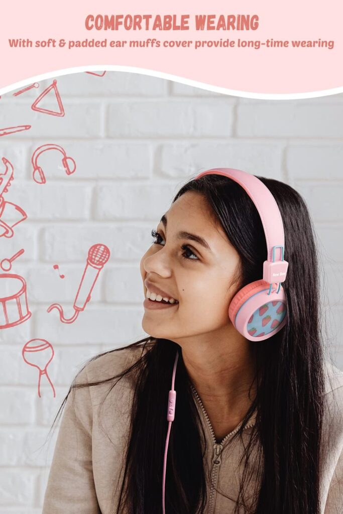 New bee Kids Headphones for School with Microphone KH20 Wired HD Stereo Safe Volume Limited 85dB/94dB Foldable Lightweight On-Ear Headphone for Girl/Mac/Android/Kindle/Tablet/Pad (Pink)