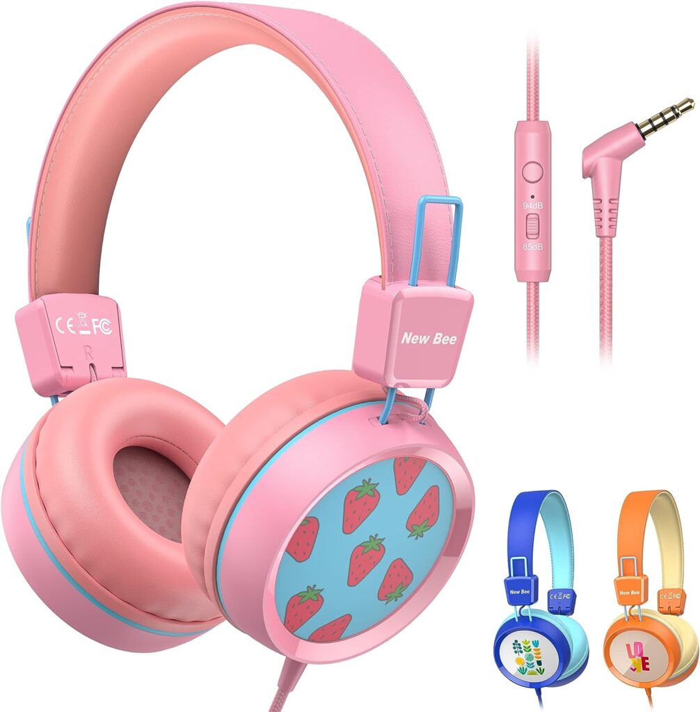 New bee Kids Headphones for School with Microphone KH20 Wired HD Stereo Safe Volume Limited 85dB/94dB Foldable Lightweight On-Ear Headphone for Girl/Mac/Android/Kindle/Tablet/Pad (Pink)