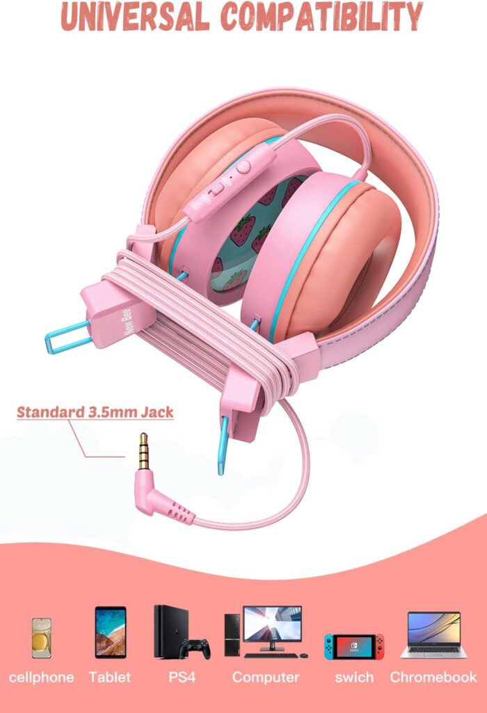 New bee Kids Headphones for School with Microphone KH20 Wired HD Stereo Safe Volume Limited 85dB/94dB Foldable Lightweight On-Ear Headphone for Girl/Mac/Android/Kindle/Tablet/Pad (Pink)