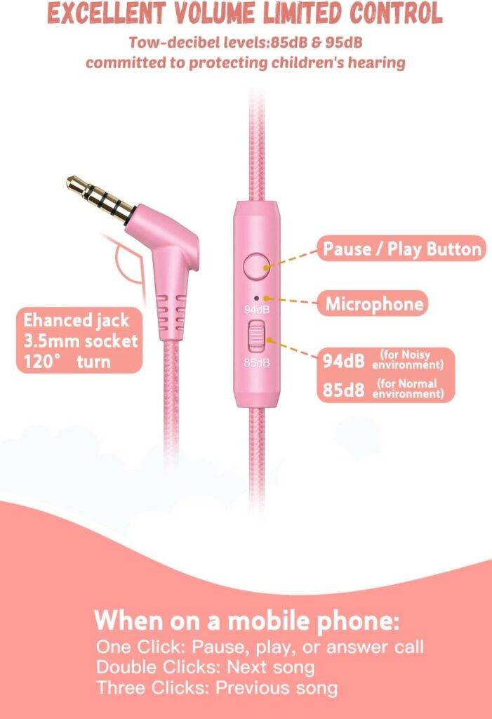 New bee Kids Headphones for School with Microphone KH20 Wired HD Stereo Safe Volume Limited 85dB/94dB Foldable Lightweight On-Ear Headphone for Girl/Mac/Android/Kindle/Tablet/Pad (Pink)