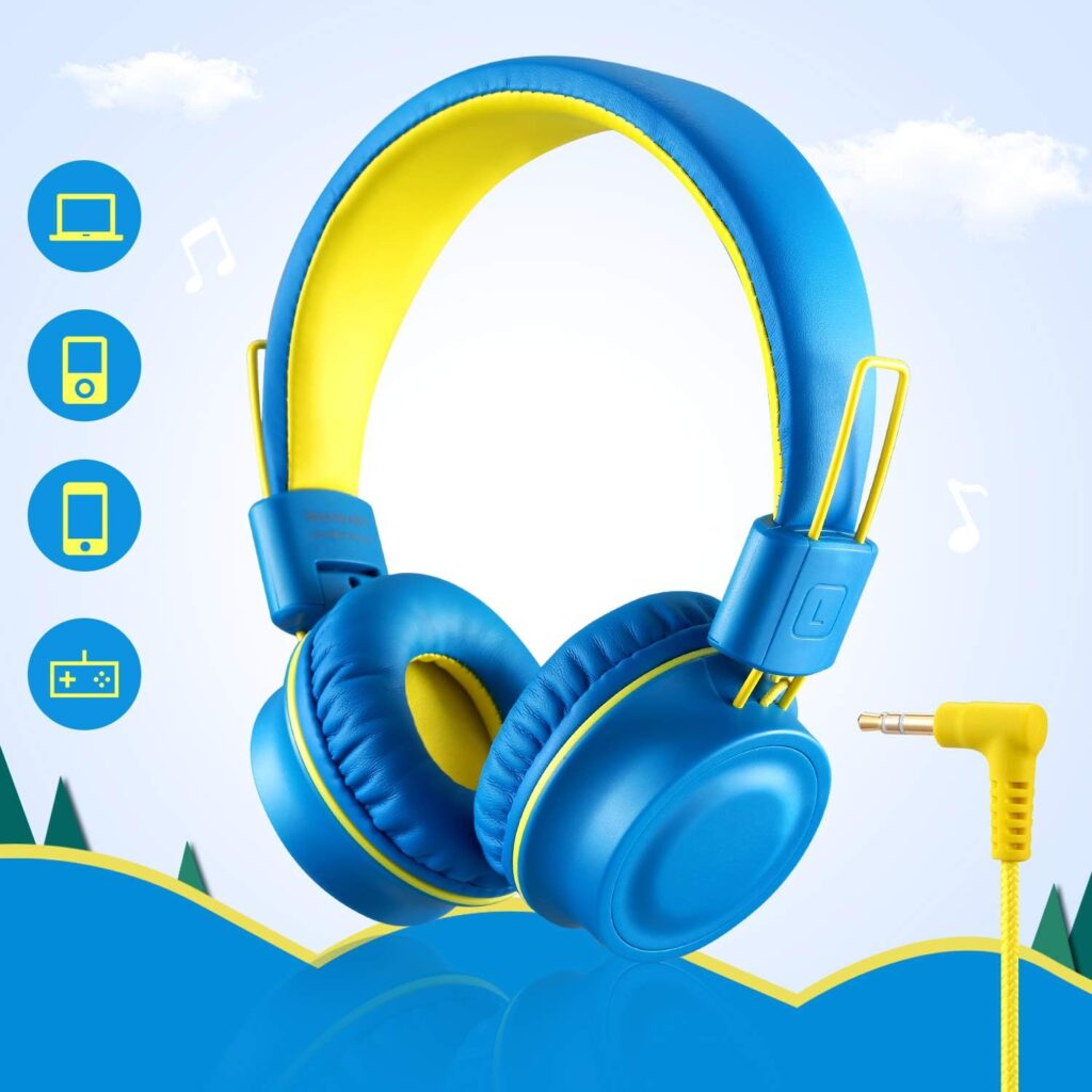 noot products Kids Headphones K33 Foldable Stereo Tangle-Free 5ft Long Cord 3.5mm Jack Plug in Wired On-Ear Headset for iPad/Amazon Kindle,Fire/Boys/Girls/School/Travel/Plane/Tablet (Electric Blue)