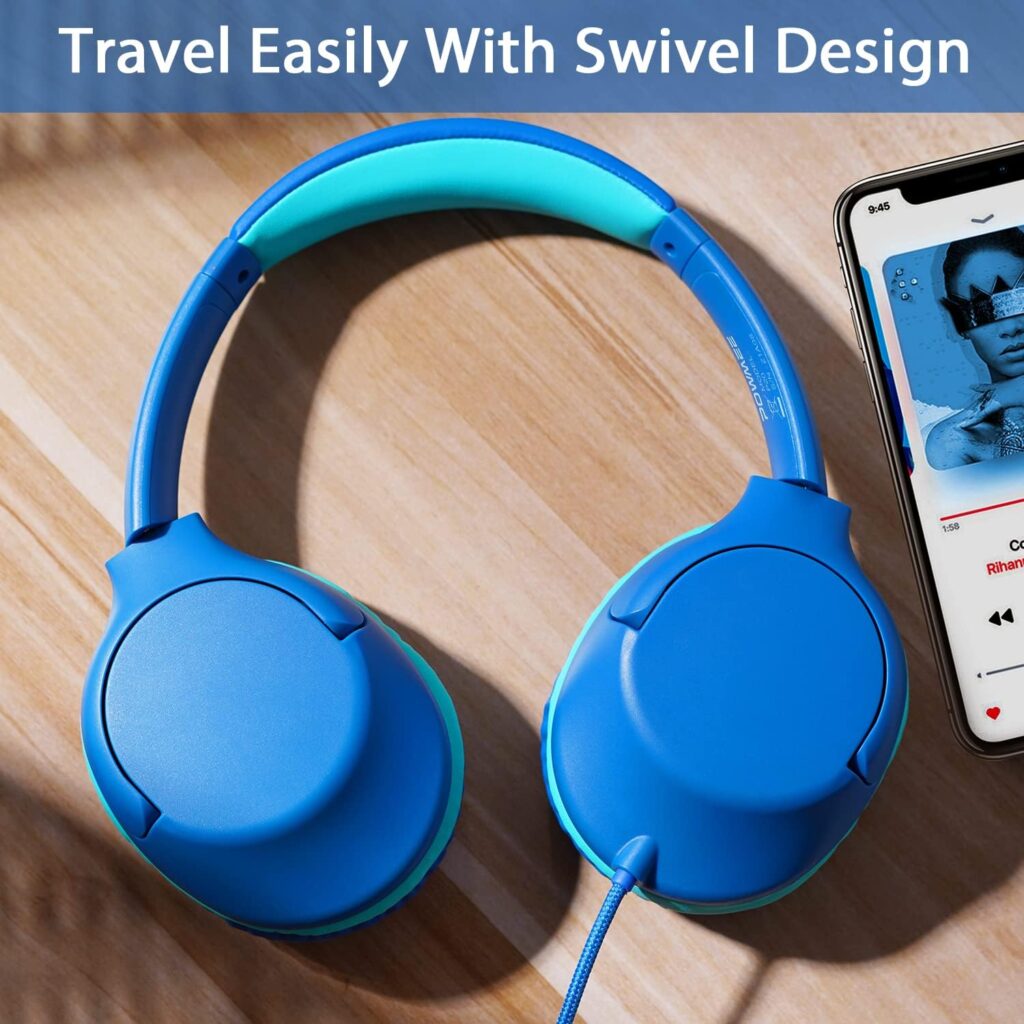 POWMEE P20 Kids Headphones Over-Ear Headphones for Kids/Teens/Boys/Girls/School with 94dB Volume Limited Adjustable Stereo Tangle-Free 3.5MM Jack Wire Cord for Fire Tablets/Travel/PC/Phones(Blue)