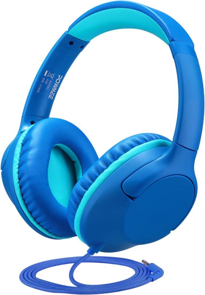 POWMEE P20 Kids Headphones Over-Ear Headphones for Kids/Teens/Boys/Girls/School with 94dB Volume Limited Adjustable Stereo Tangle-Free 3.5MM Jack Wire Cord for Fire Tablets/Travel/PC/Phones(Blue)