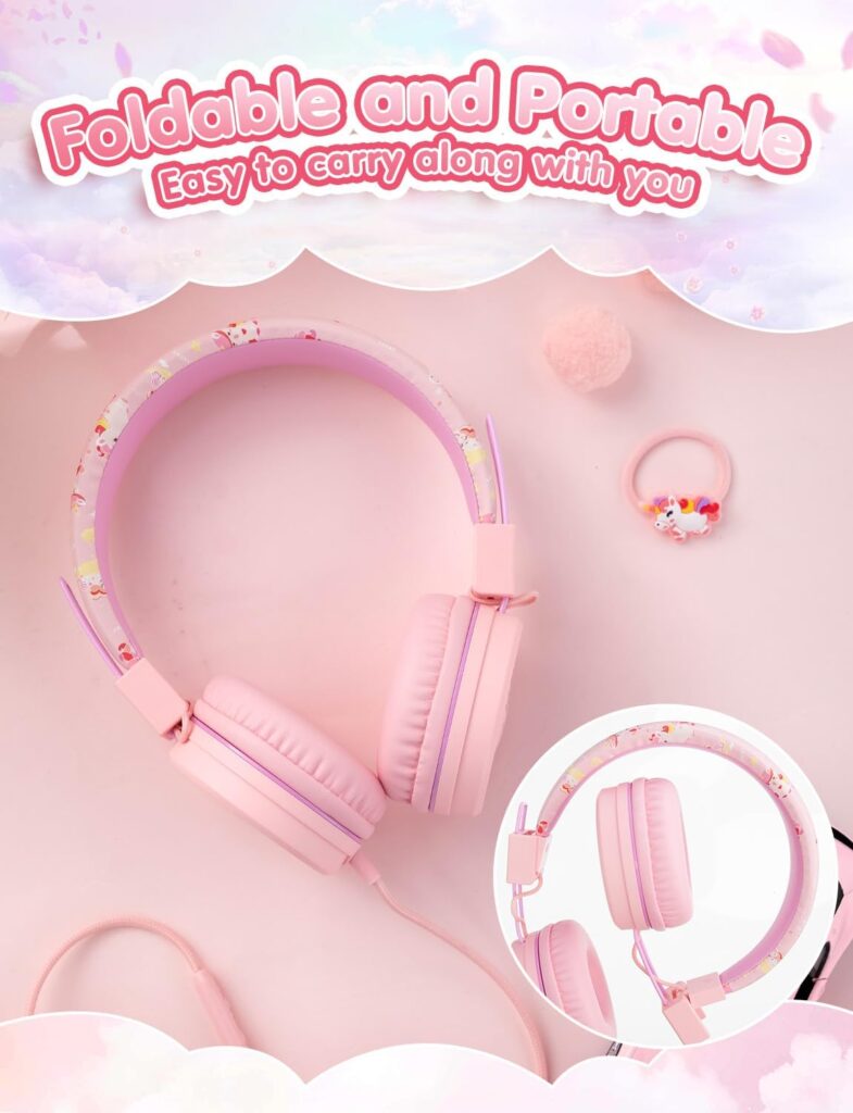 SIMJAR Unicorn Headphones with Microphone for School, Unicorn Rubber Band Included, Volume Limiter 85/94dB, Wired Girls Headphones with Foldable Design for Online Learning/Travel/Tablet/iPad (Pink)