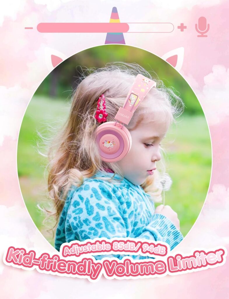 SIMJAR Unicorn Headphones with Microphone for School, Unicorn Rubber Band Included, Volume Limiter 85/94dB, Wired Girls Headphones with Foldable Design for Online Learning/Travel/Tablet/iPad (Pink)