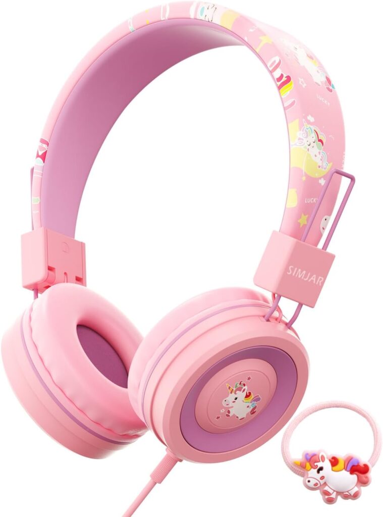 SIMJAR Unicorn Headphones with Microphone for School, Unicorn Rubber Band Included, Volume Limiter 85/94dB, Wired Girls Headphones with Foldable Design for Online Learning/Travel/Tablet/iPad (Pink)