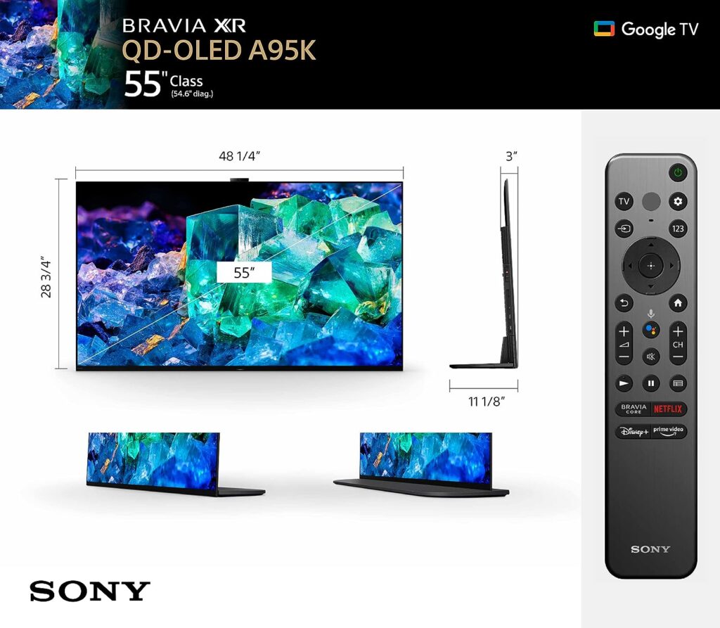 Sony 55 Inch 4K Ultra HD TV A95K Series: BRAVIA XR OLED Smart Google TV with Dolby Vision HDR,Bluetooth, Wi-Fi, USB, Ethernet, HDMI and Exclusive Features for The Playstation- 5 XR55A95K- 2022 Model