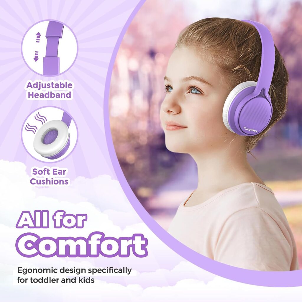 TuneFlux Kids Headphones, Toddler Headphones with Safe Volume Limiter 85dB, Wired School Headphones for Kids with Adjustable and Flexible Design for Boys and Girls-Purple